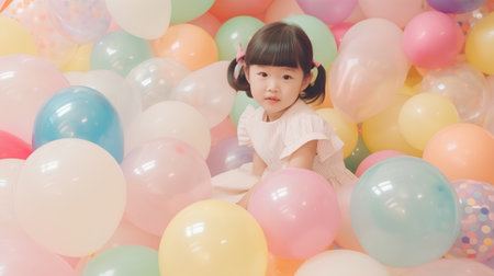 cute little asian girl playing with colorful balloons at birthday partyの素材
