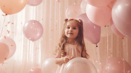 Cute little girl with pink balloons and confetti at birthday partyの素材