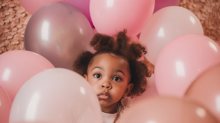 Cute african american little girl with balloons looking at cameraの素材