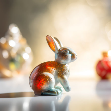 Easter bunny and christmas tree on bokeh background.の素材