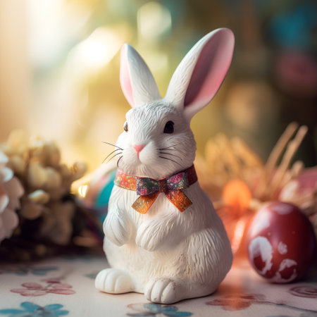 Easter bunny and easter eggs on a background of spring flowersの素材