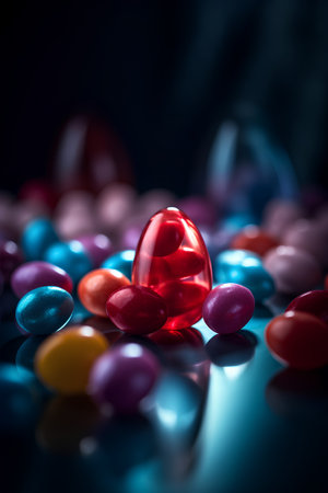 Colorful candies and jelly beans on a dark background with reflectionの素材