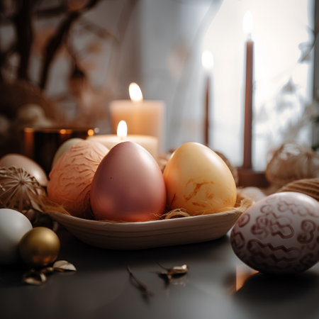 Easter eggs in a basket with candles on a dark background.の素材