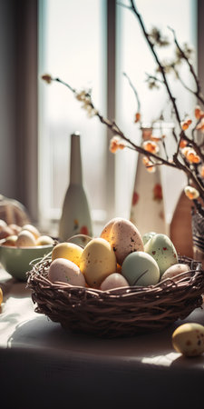 Easter eggs in a basket on the table in the rays of the spring sunの素材