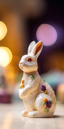 Easter bunny figurine on bokeh background, close upの素材