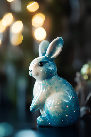 Cute easter bunny figurine with bokeh lights on backgroundの素材