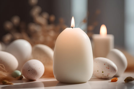 Easter background with candles and easter eggs. 3d renderingの素材