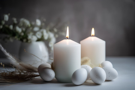 Easter still life with candles, eggs and flowers on a gray backgroundの素材
