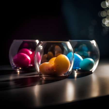 Colorful easter eggs in glass bowls on black background. Selective focus.の素材
