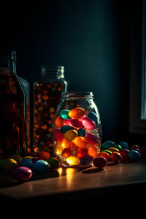 Colorful candies in glass jar on dark background. Selective focus.の素材