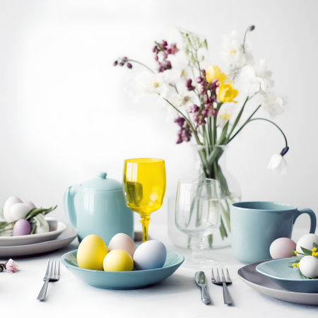 Easter table setting with spring flowers, eggs and crockeryの素材
