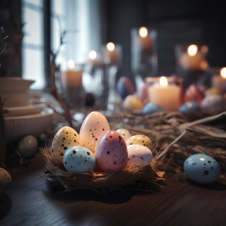 Easter eggs in a nest with candles on a dark background.の素材
