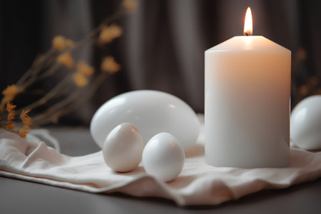 Easter still life with white eggs and candle on the table.の素材