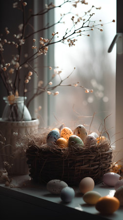 Easter eggs in a basket on the windowsill with spring flowersの素材