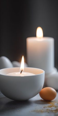 Easter still life with candles and eggs on dark background, selective focusの素材