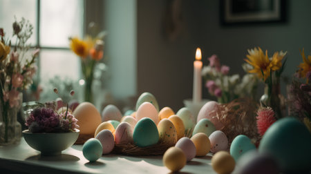 Colorful easter eggs in a nest on a table with flowersの素材