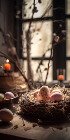Easter still life with quail eggs in nest and burning candle on wooden backgroundの素材