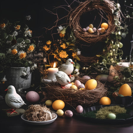 Easter composition with eggs, birds and candles on dark background.の素材