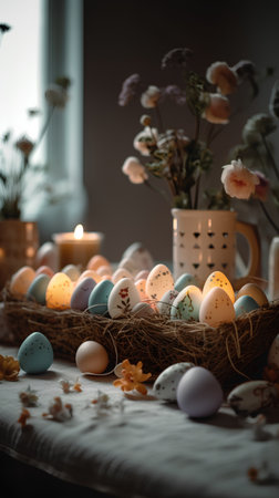 Easter eggs in a nest with flowers and candles in the backgroundの素材