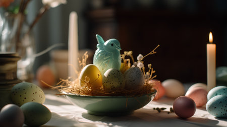 Easter eggs in a bowl on a table in a rustic interiorの素材
