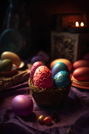 Colorful Easter eggs in a basket on a dark background. Selective focus.の素材