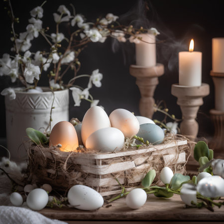 Easter eggs in a basket on a dark background with candles and flowersの素材