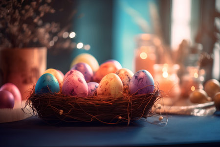 Colorful easter eggs in a nest on a dark background.の素材
