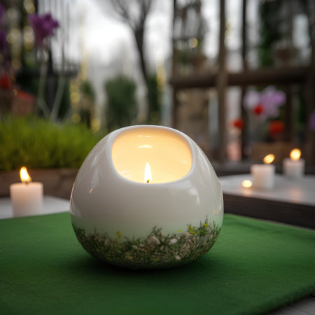 Burning candle in a white ceramic candlestick on a green tableclothの素材