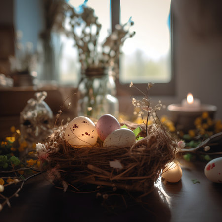 Easter eggs in a nest on a wooden table with flowers and candlesの素材