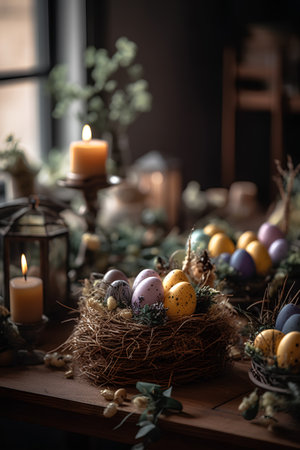 Easter eggs in a nest on a wooden table with candles and flowersの素材