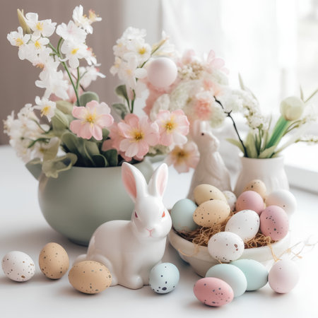 Easter decoration with flowers, eggs and bunny on white background.の素材