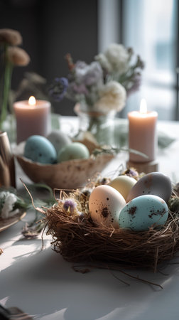 Easter eggs in a nest on a table with candles and flowersの素材