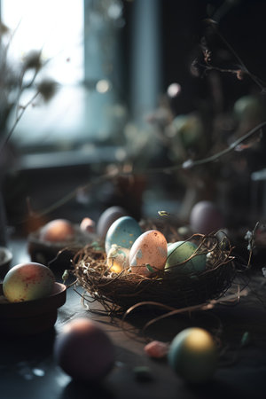 Colorful easter eggs in nest on dark rustic background, selective focusの素材