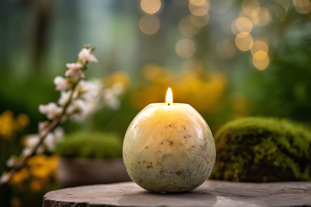 Burning candle in the garden with green bokeh background.の素材