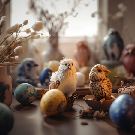 Easter composition. Easter eggs, birds and flowers on a wooden tableの素材