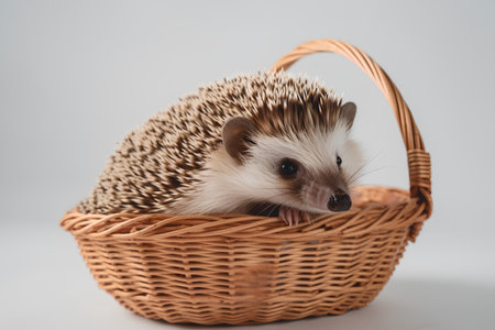hedgehog in a wicker basket on a white background.の素材