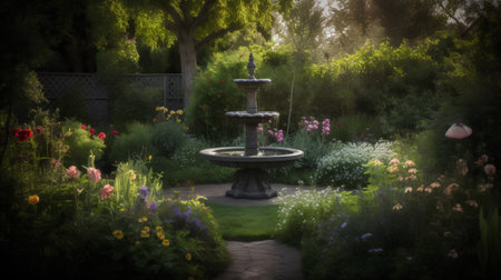 Beautiful garden with fountain in the evening light. Toned.の素材