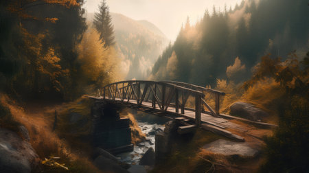 Old wooden bridge over a mountain river in the autumn forest. 3d renderingの素材