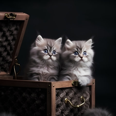 Two persian kittens in a chest on a black background. Studio shot.の素材