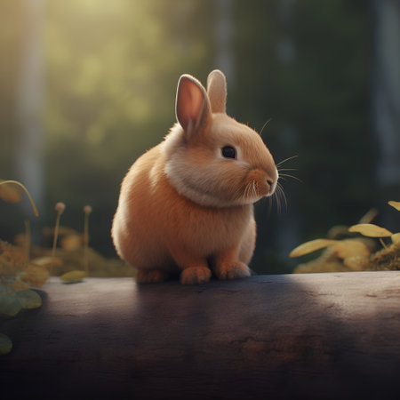 Cute red rabbit sitting on the wooden floor in the forest.の素材