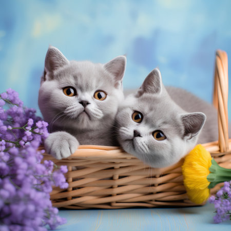 Cute british shorthair kittens in basket on blue backgroundの素材