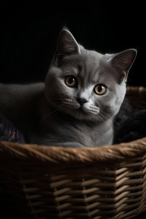 portrait of a beautiful british shorthair cat in a basketの素材
