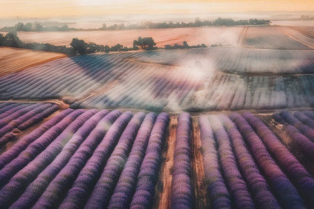 Aerial view of lavender fields in the morning at sunrise.の素材