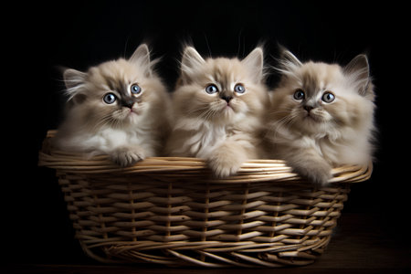 Three kittens in a basket on a black background. Studio photography.の素材