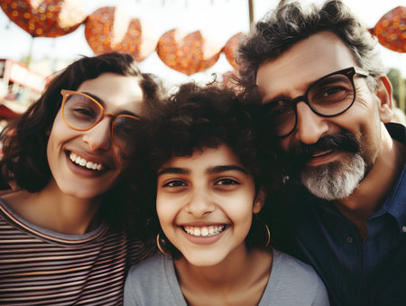 Portrait of a happy family in eyeglasses. Cheerful multiethnic family spending time together.の素材