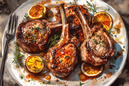 Grilled lamb chops with lemon and thyme on a plate.の素材