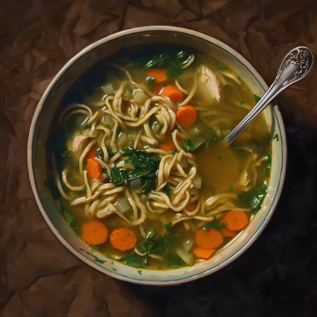 Chicken soup with noodles and vegetables in a bowl on a dark background.の素材