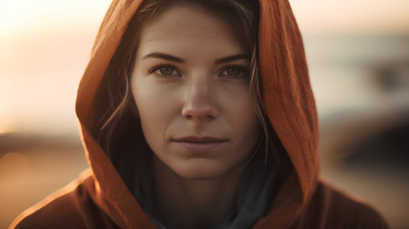 Portrait of a beautiful young woman in a hood on the beachの素材