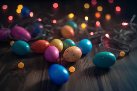 Easter eggs on wooden background with colorful lights. Happy Easter.の素材
