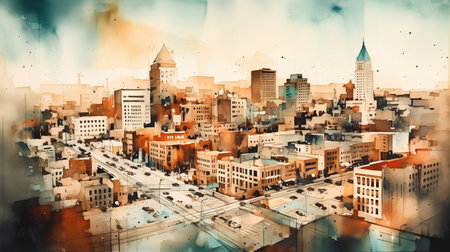 Cityscape with skyscrapers, buildings and streets. Digital painting.の素材